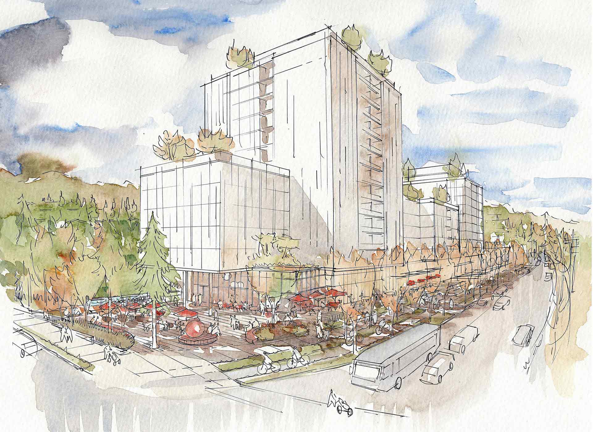 Watercolour sketch rendering of Moodyville real estate project