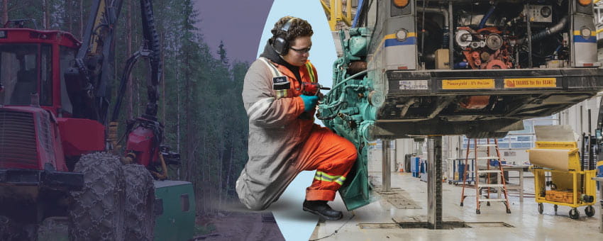 Worker repairing machinery, with forest and bus maintenance scenes.