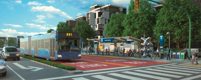 A conceptual illustration of a Bus Rapid Transit (BRT) system showing a modern bus in a designated bus lane approaching a station with waiting passengers.