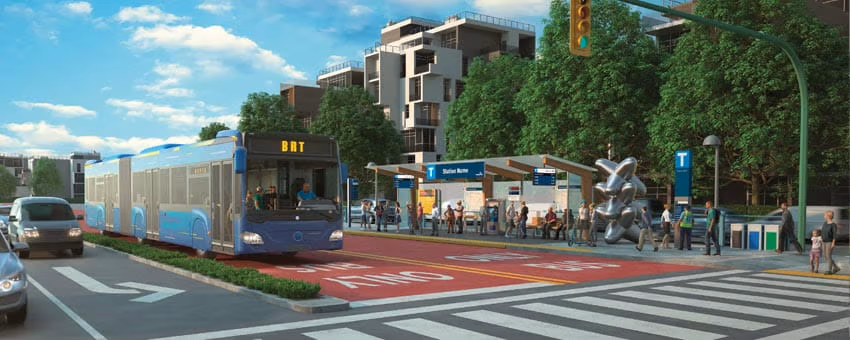 A conceptual illustration of a Bus Rapid Transit (BRT) system showing a modern bus in a designated bus lane approaching a station with waiting passengers.