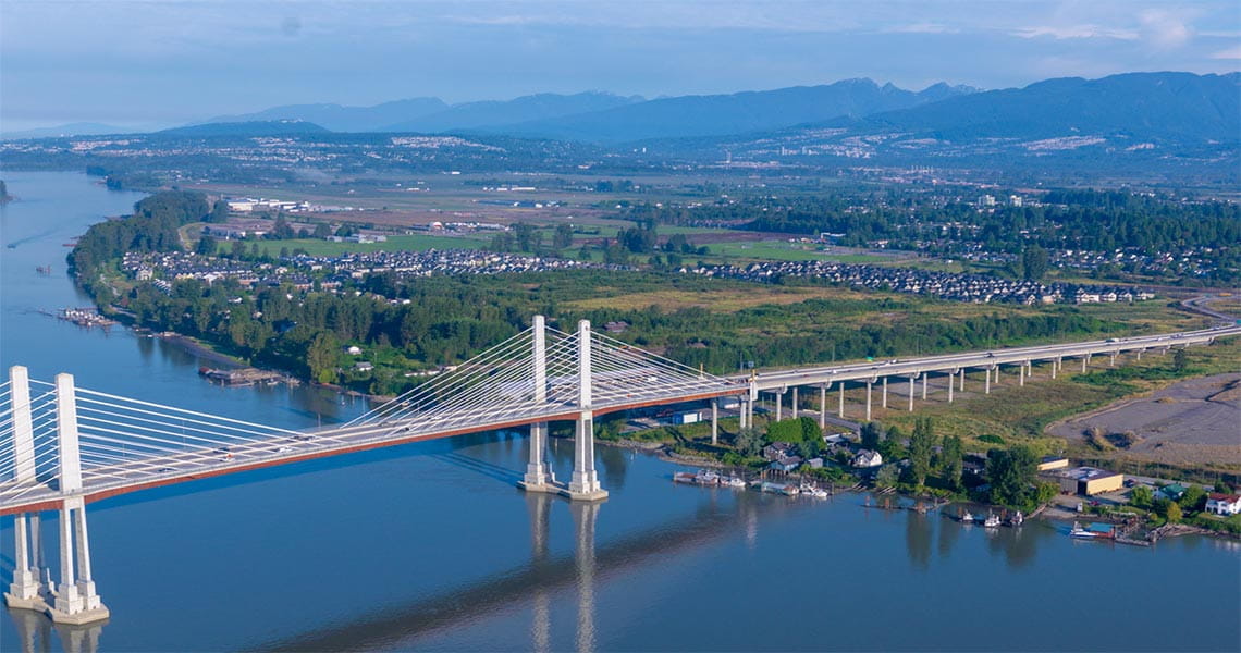 Aerial shot of the Golden Ears Bridge on a sunn day