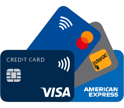 illustrations of credit cards representing Interac® debit, American Express®, Mastercard®, Visa® credit.
