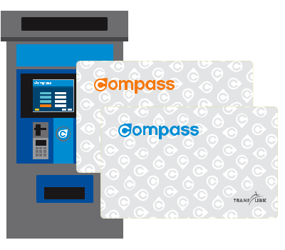 An illistration of  single-use consession and adult ticket, with a Compass Vending Machine in the background.