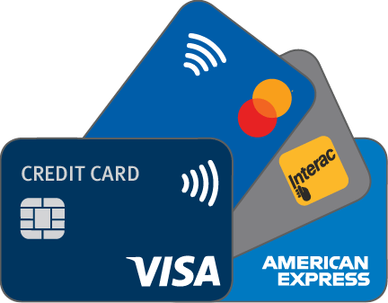 Illustration of various credit cards, AMEX, Visa Mastercard