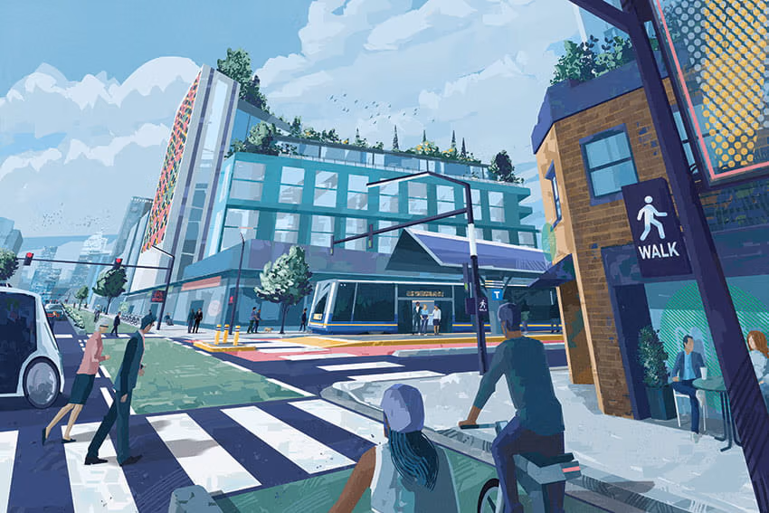 Most long trips are facilitated by fast and reliable rapid transit, which is traffic separated and free from congestion, on major boulevards. The provision of ‘comfortable for most’ active transportation infrastructure invites walking, biking, and rolling as the preferred mode for short trips.